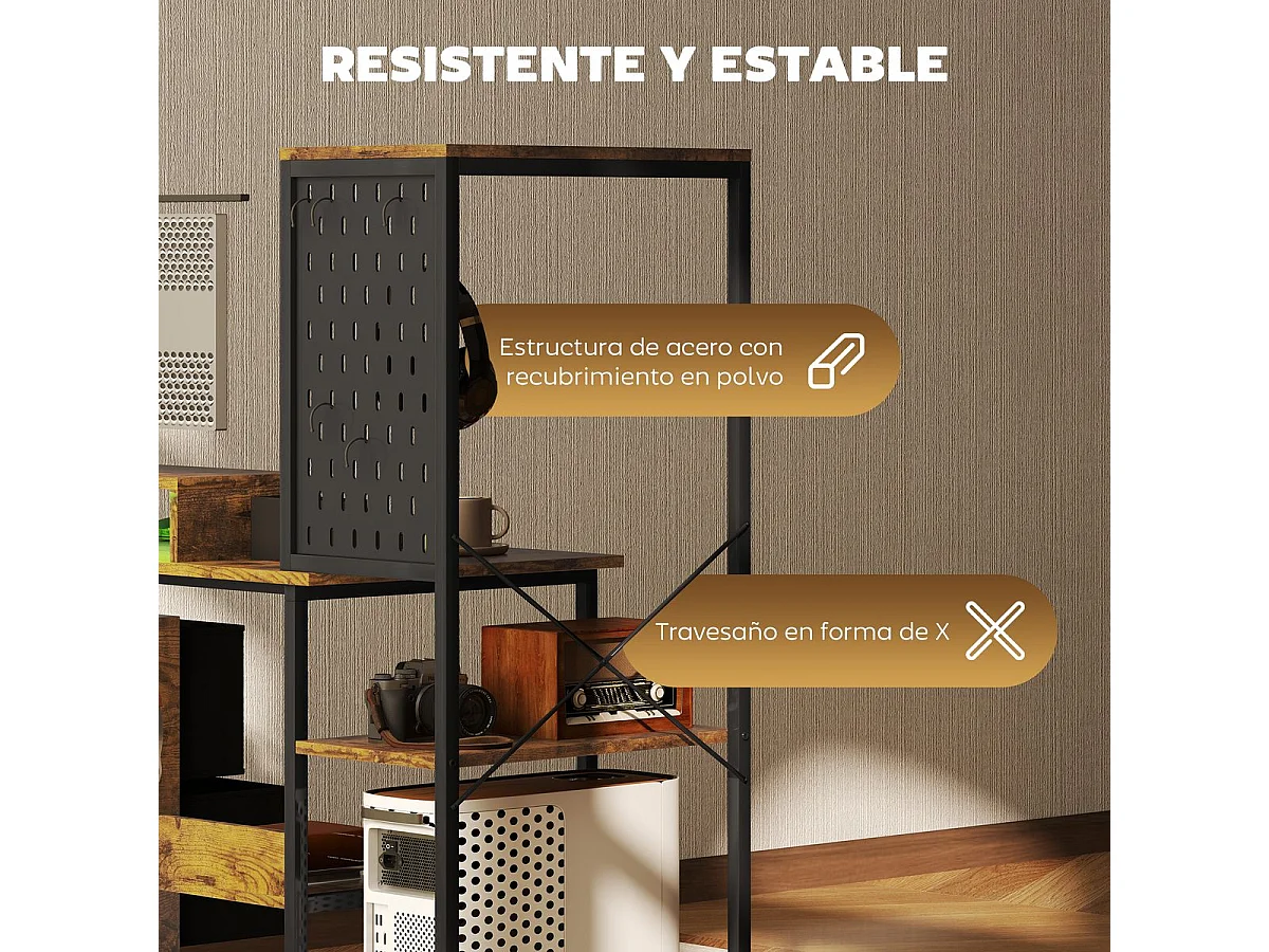 Escritorio Brenkar Homcom estación de carga + luz LED marrón 126,5x142x50 cm