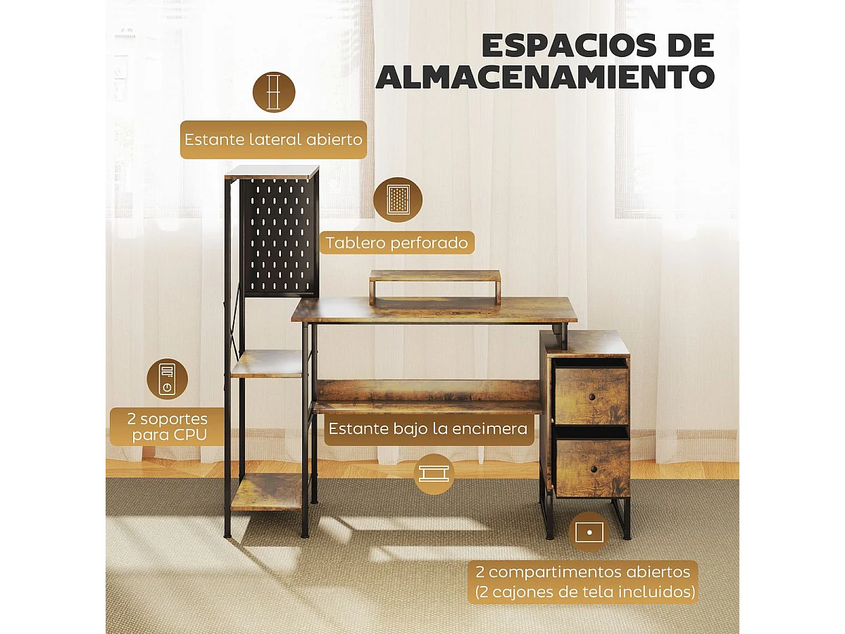 Escritorio Brenkar Homcom estación de carga + luz LED marrón 126,5x142x50 cm