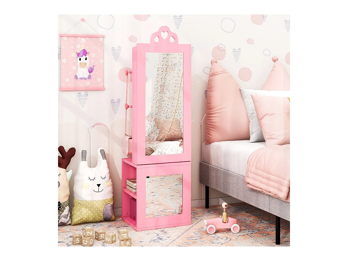 Armadio portagioie per bambini con specchio a figura intera e appendiabiti, Armadio porta abiti 3 in 1 per ragazze Rosa