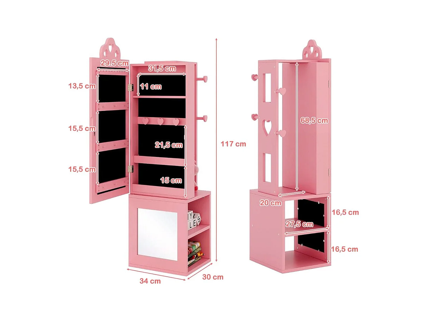 Armadio portagioie per bambini con specchio a figura intera e appendiabiti, Armadio porta abiti 3 in 1 per ragazze Rosa