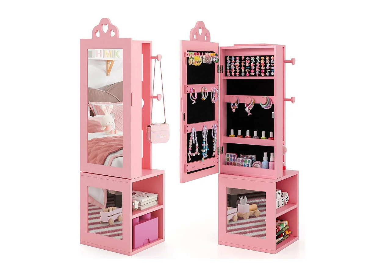 Armadio portagioie per bambini con specchio a figura intera e appendiabiti, Armadio porta abiti 3 in 1 per ragazze Rosa
