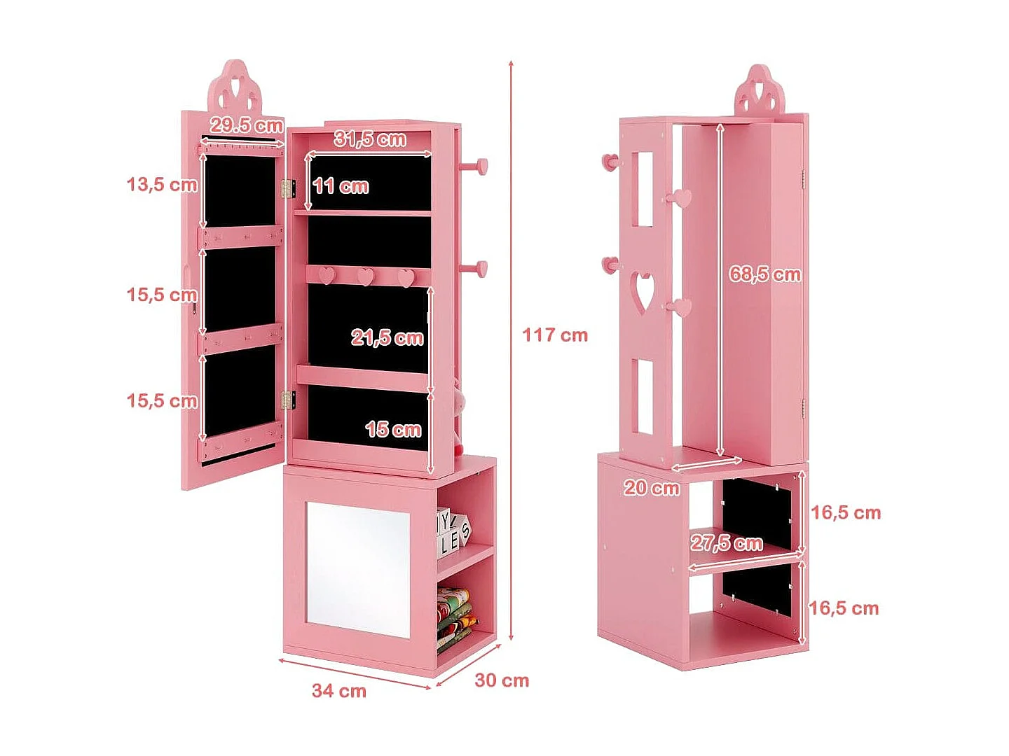 Armadio portagioie per bambini con specchio a figura intera e appendiabiti, Armadio porta abiti 3 in 1 per ragazze Rosa