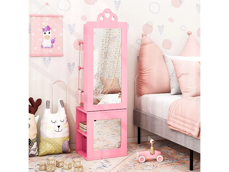 3 in 1 Spiegelschrank mit Ganzkörperspiegel & Kleiderständer Kinder Schmuckschrank Rosa