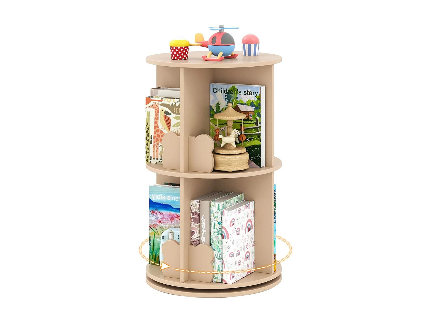 Libreria girevole per bambini con 2 livelli e divisori per coniglietti a 360 gradi 40 x 40 x 65 cm caffè