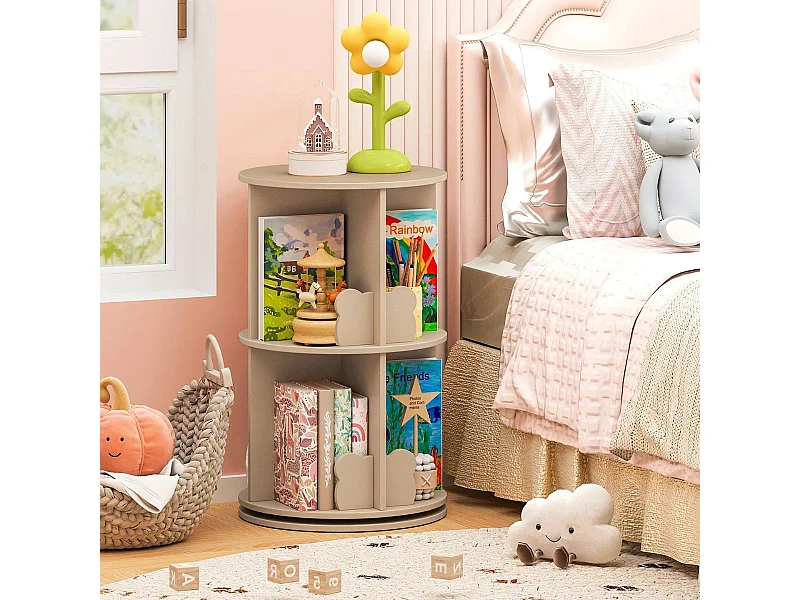 Drehrbares Bücherregal Kinder Kinderregal mit 2 Ebenen & Hasen-Trennwänden 360 Grad 40 x 40 x 65cm Kaffee