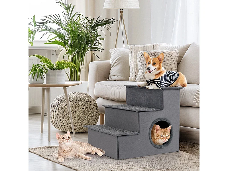 Scale per gatti e cani di piccola e media taglia per letti, Rampa pieghevole a 3 gradini con condominio Grigio