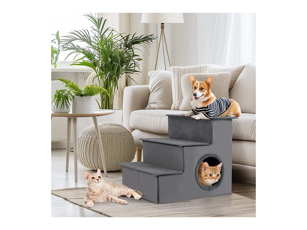 Escalier pour Chien pour Lit Haut Canapé Sofa Rampe Pliable à 3 Étapes avec Condo Fond Antidérapant Échelle de Grimpe Gris