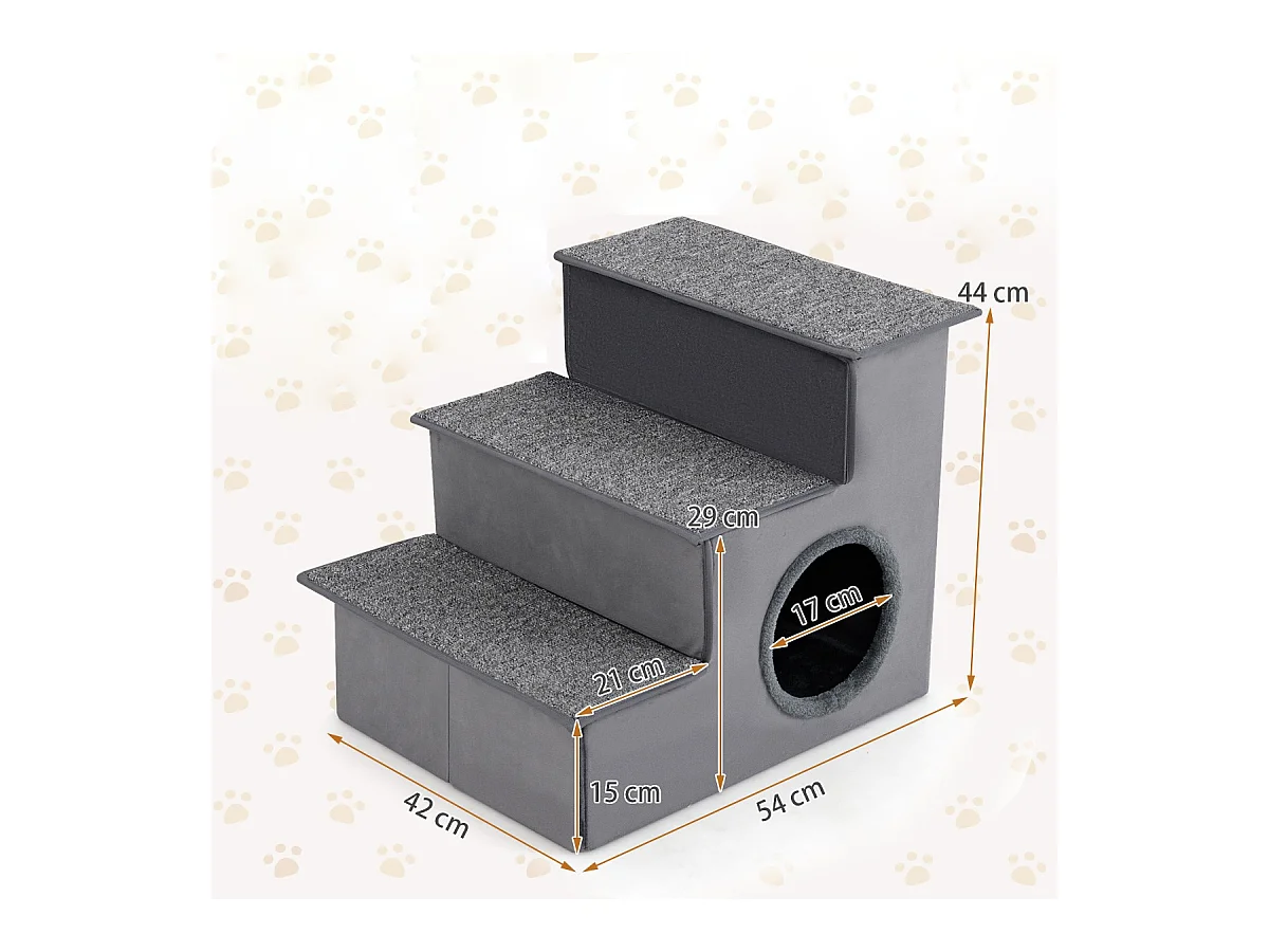 Escalier pour Chien pour Lit Haut Canapé Sofa Rampe Pliable à 3 Étapes avec Condo Fond Antidérapant Échelle de Grimpe Gris