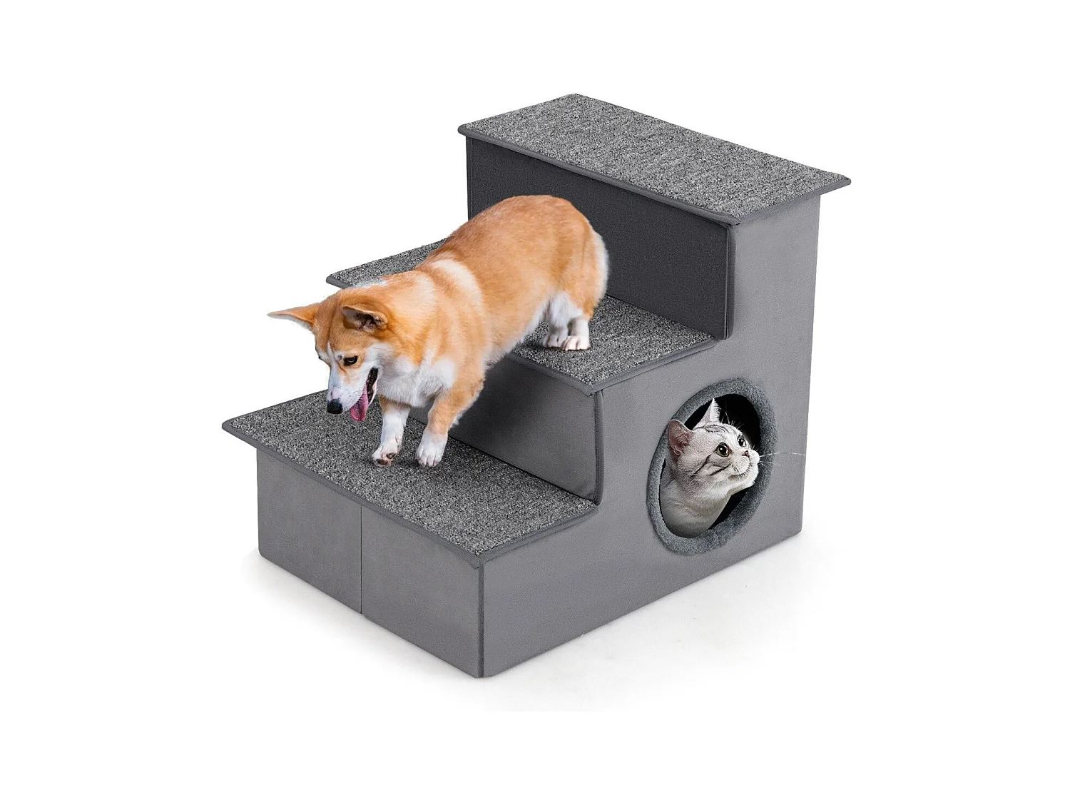 Escalier pour Chien pour Lit Haut Canapé Sofa Rampe Pliable à 3 Étapes avec Condo Fond Antidérapant Échelle de Grimpe Gris