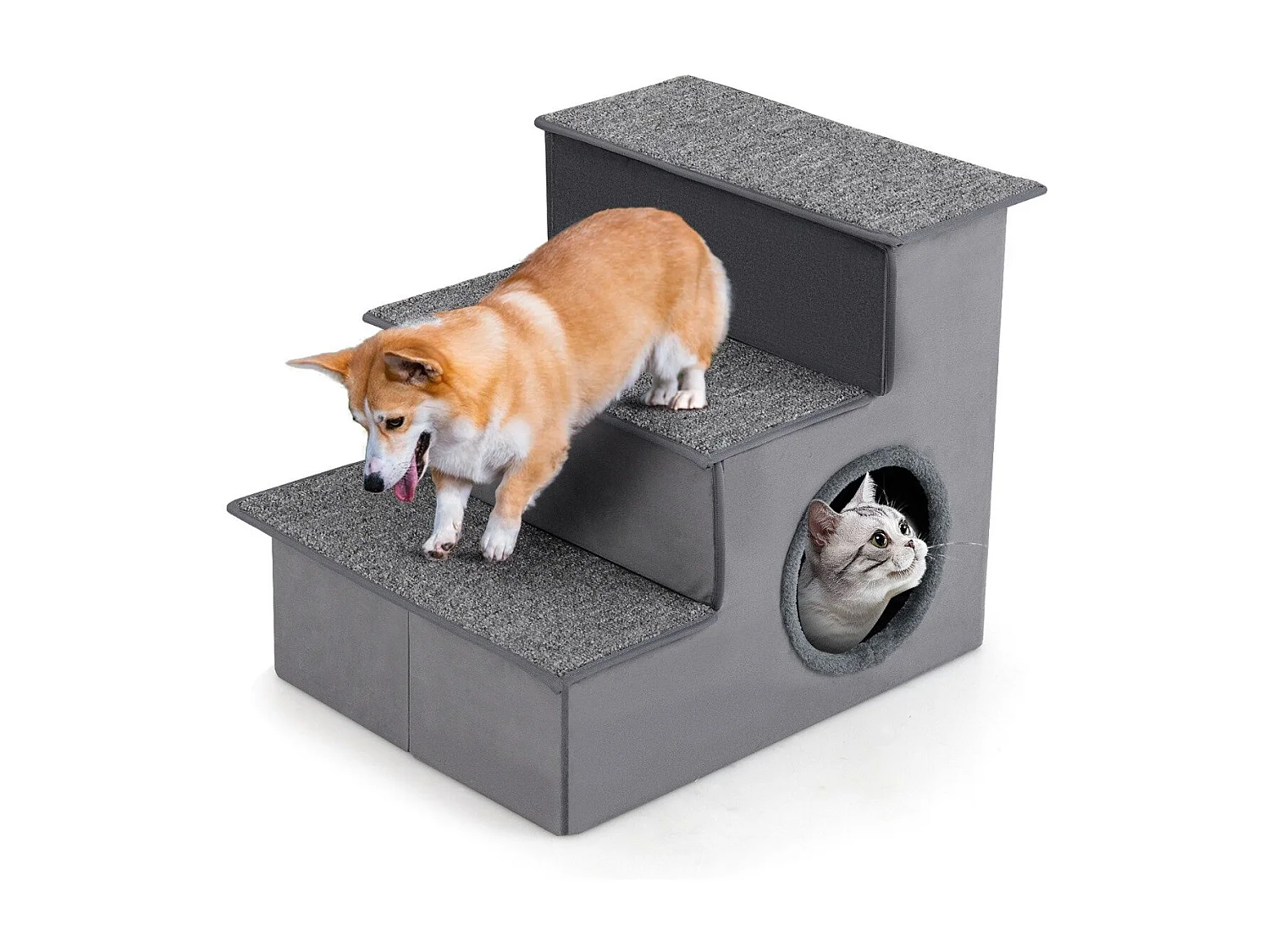 Scale per gatti e cani di piccola e media taglia per letti, Rampa pieghevole a 3 gradini con condominio Grigio