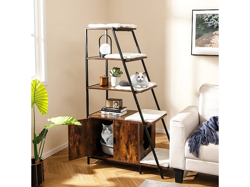 Lettiera per Gatti Grande con Stoccaggio, Mobile Nascosto per Gatti 2-in-1 con Scaffale a Scala Marrone Rustico + Nero