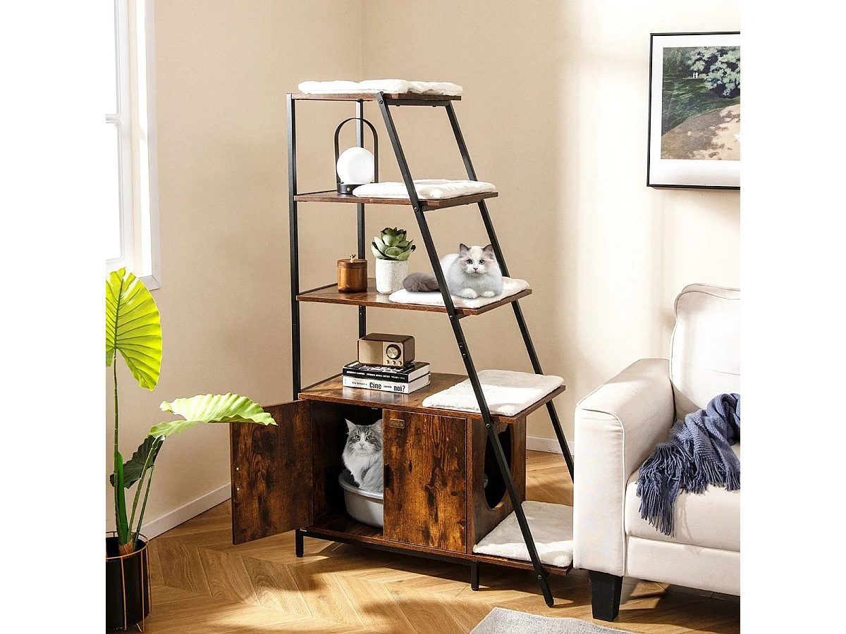 Meuble pour Bac à Litière pour Chat avec Rangement Meuble 2 en 1 pour Chat 3 Etagères Echelle Entrée Latérale Tapis en Peluche Café