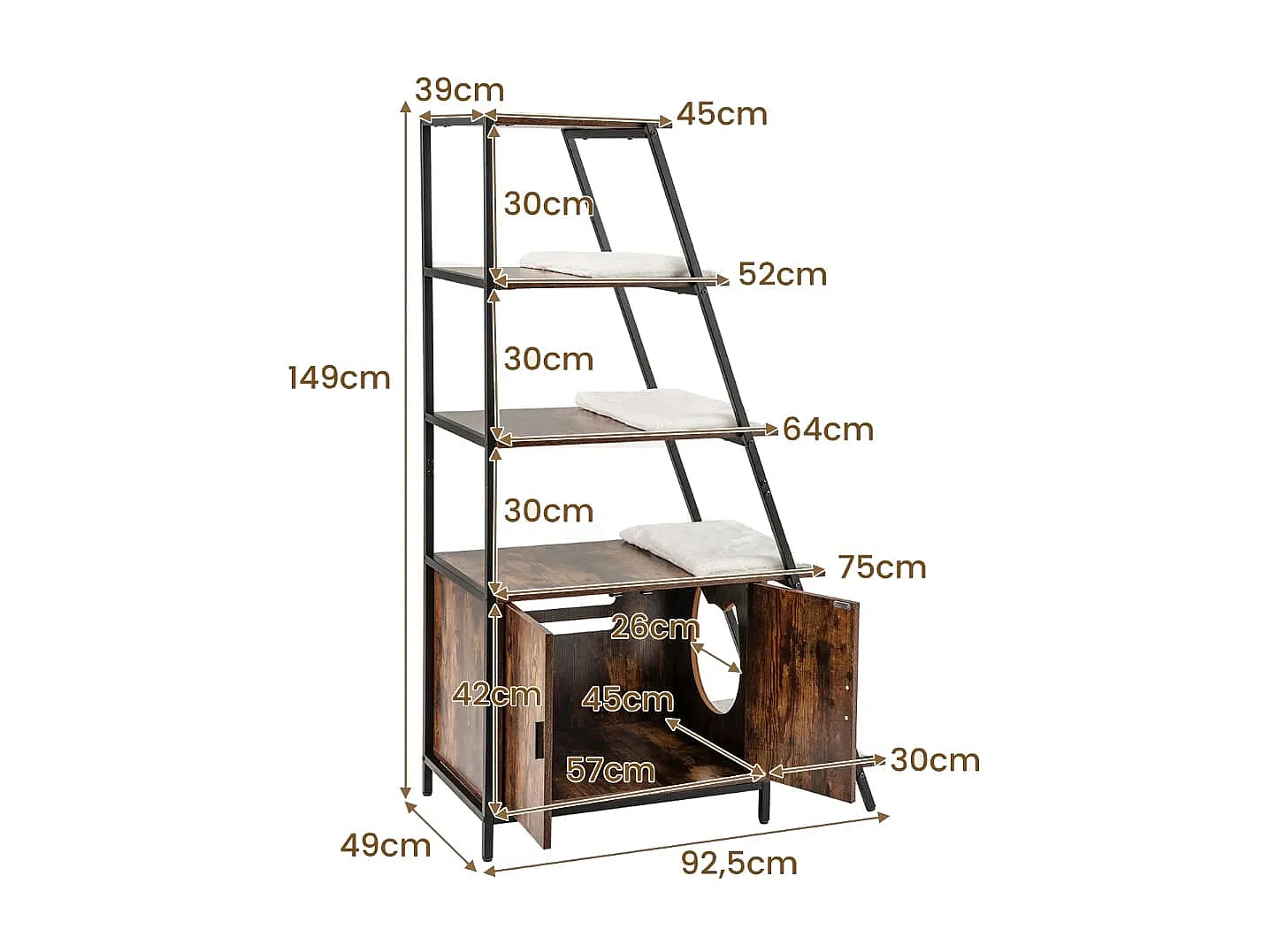 Meuble pour Bac à Litière pour Chat avec Rangement Meuble 2 en 1 pour Chat 3 Etagères Echelle Entrée Latérale Tapis en Peluche Café