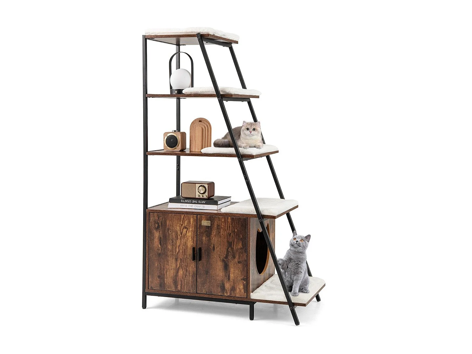 Meuble pour Bac à Litière pour Chat avec Rangement Meuble 2 en 1 pour Chat 3 Etagères Echelle Entrée Latérale Tapis en Peluche Café