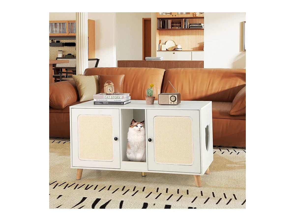 Meuble de 108cm pour Bac à Litière de Chat Double Compartiments 2 Griffoirs en Sisal Planche à Gratter Table d'appoint en Bois Blanc