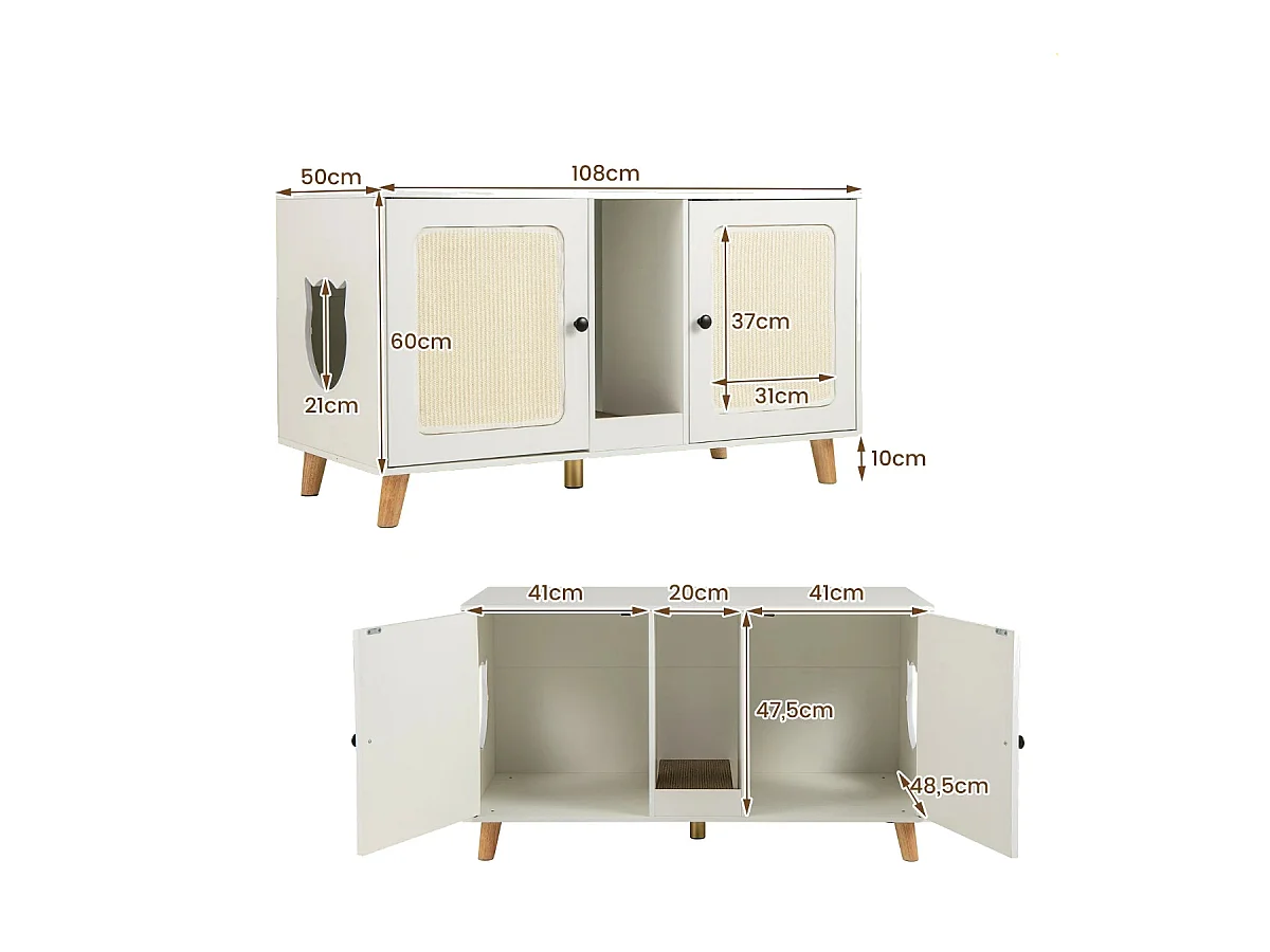 Meuble de 108cm pour Bac à Litière de Chat Double Compartiments 2 Griffoirs en Sisal Planche à Gratter Table d'appoint en Bois Blanc