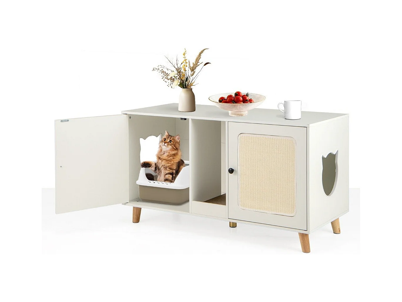 Meuble de 108cm pour Bac à Litière de Chat Double Compartiments 2 Griffoirs en Sisal Planche à Gratter Table d'appoint en Bois Blanc