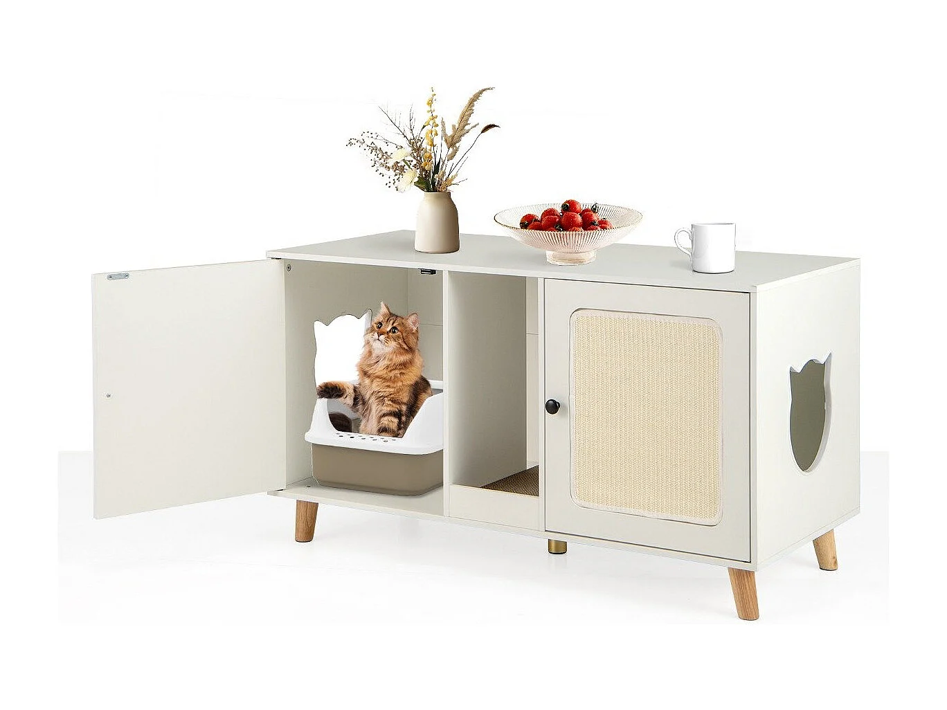 Katzenschrank für Katzentoilette Katzenklo Schrank mit 2 Türen Katzenhaus für 2 Katzen Weiß