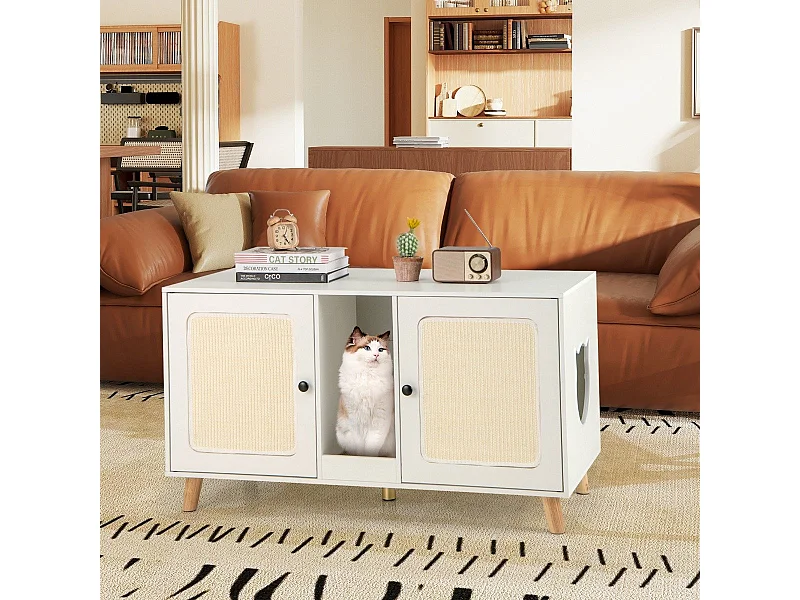 Meuble de 108cm pour Bac à Litière de Chat Double Compartiments 2 Griffoirs en Sisal Planche à Gratter Table d'appoint en Bois Blanc