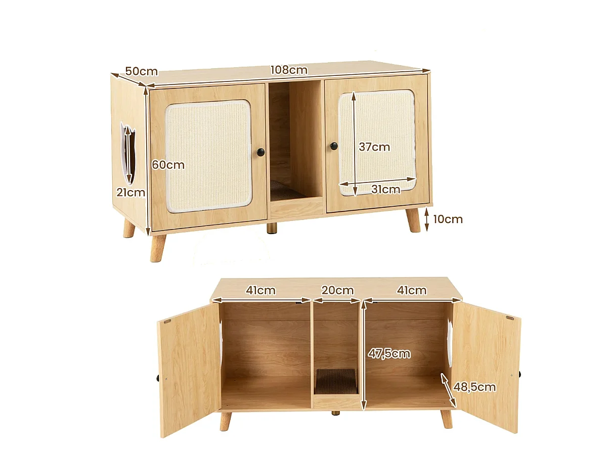 Lettiera per gatti enclosure per 2 gatti con toilette nascosta, Mobile laterale in legno moderno Naturale