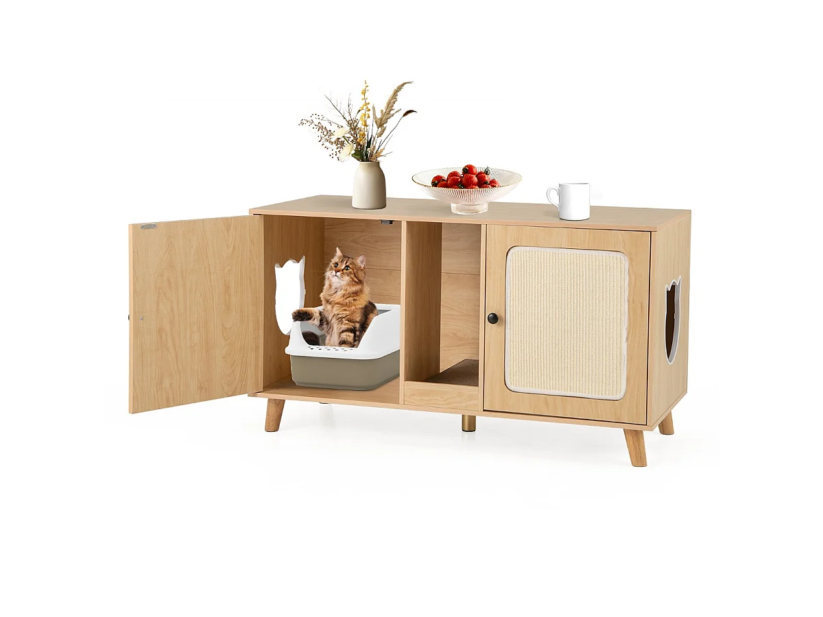 Lettiera per gatti enclosure per 2 gatti con toilette nascosta, Mobile laterale in legno moderno Naturale