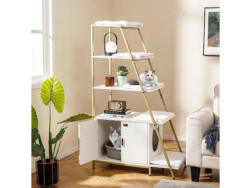 Lettiera per Gatti Grande con Stoccaggio, Mobile Nascosto per Gatti 2-in-1 con Scaffale a Scala Bianco + Oro