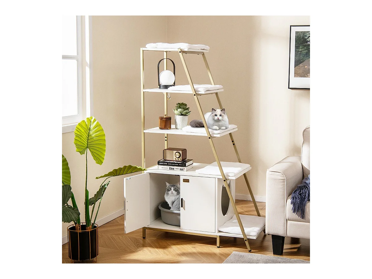 Meuble pour Bac à Litière pour Chat avec Rangement Meuble 2 en 1 pour Chat 3 Etagères Echelle Entrée Latérale Tapis en Peluche Blanc