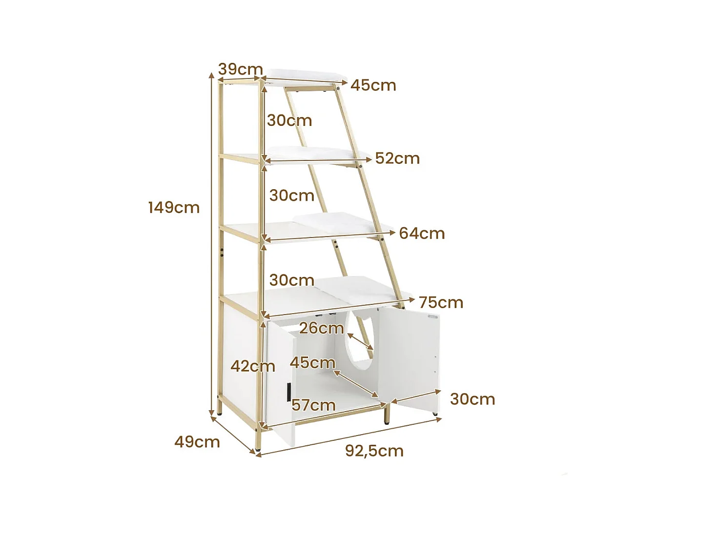 Meuble pour Bac à Litière pour Chat avec Rangement Meuble 2 en 1 pour Chat 3 Etagères Echelle Entrée Latérale Tapis en Peluche Blanc