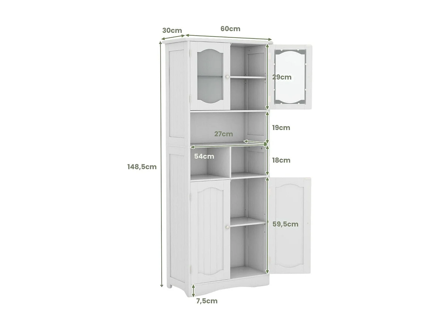 Mobile da bagno alto 148,5cm con porte in vetro satinato e ripiani, Mobile autonomo per cucina soggiorno ufficio Bianco