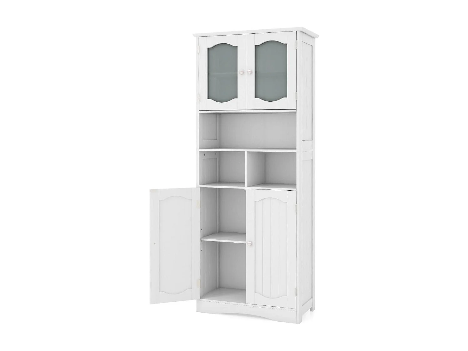Mobile da bagno alto 148,5cm con porte in vetro satinato e ripiani, Mobile autonomo per cucina soggiorno ufficio Bianco
