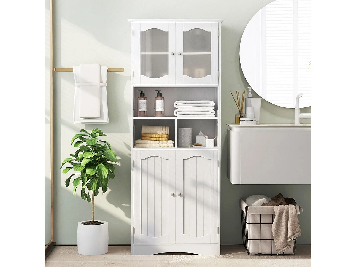 Mobile da bagno alto 148,5cm con porte in vetro satinato e ripiani, Mobile autonomo per cucina soggiorno ufficio Bianco
