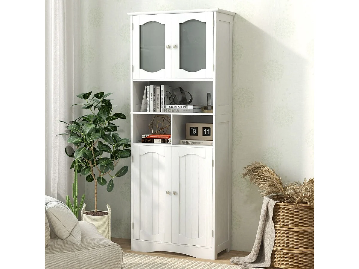Mobile da bagno alto 148,5cm con porte in vetro satinato e ripiani, Mobile autonomo per cucina soggiorno ufficio Bianco