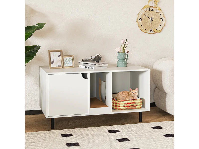 Boîte à litière Habillage pour 2 chats avec griffoir amovible Entrée en forme de chat pouvant supporter jusqu'à 120 kg