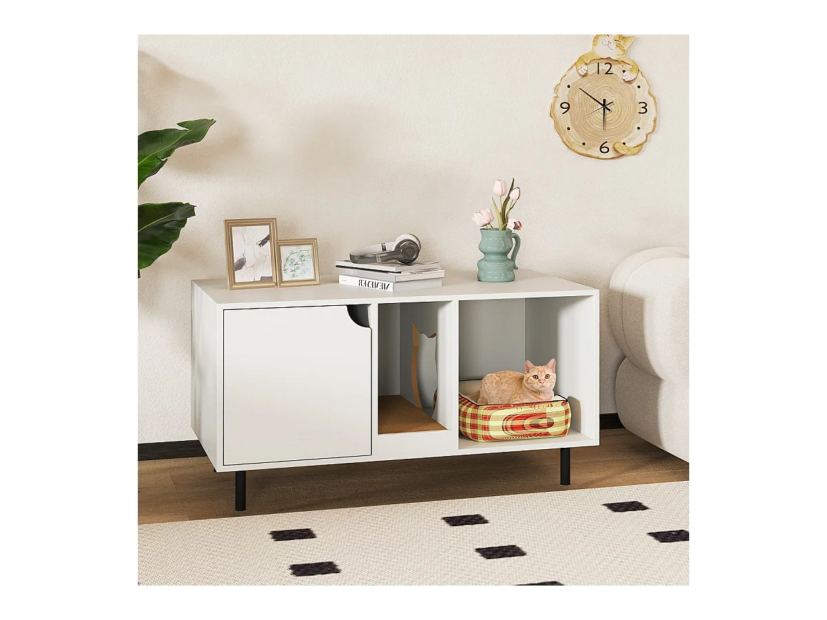 Boîte à litière Habillage pour 2 chats avec griffoir amovible Entrée en forme de chat pouvant supporter jusqu'à 120 kg