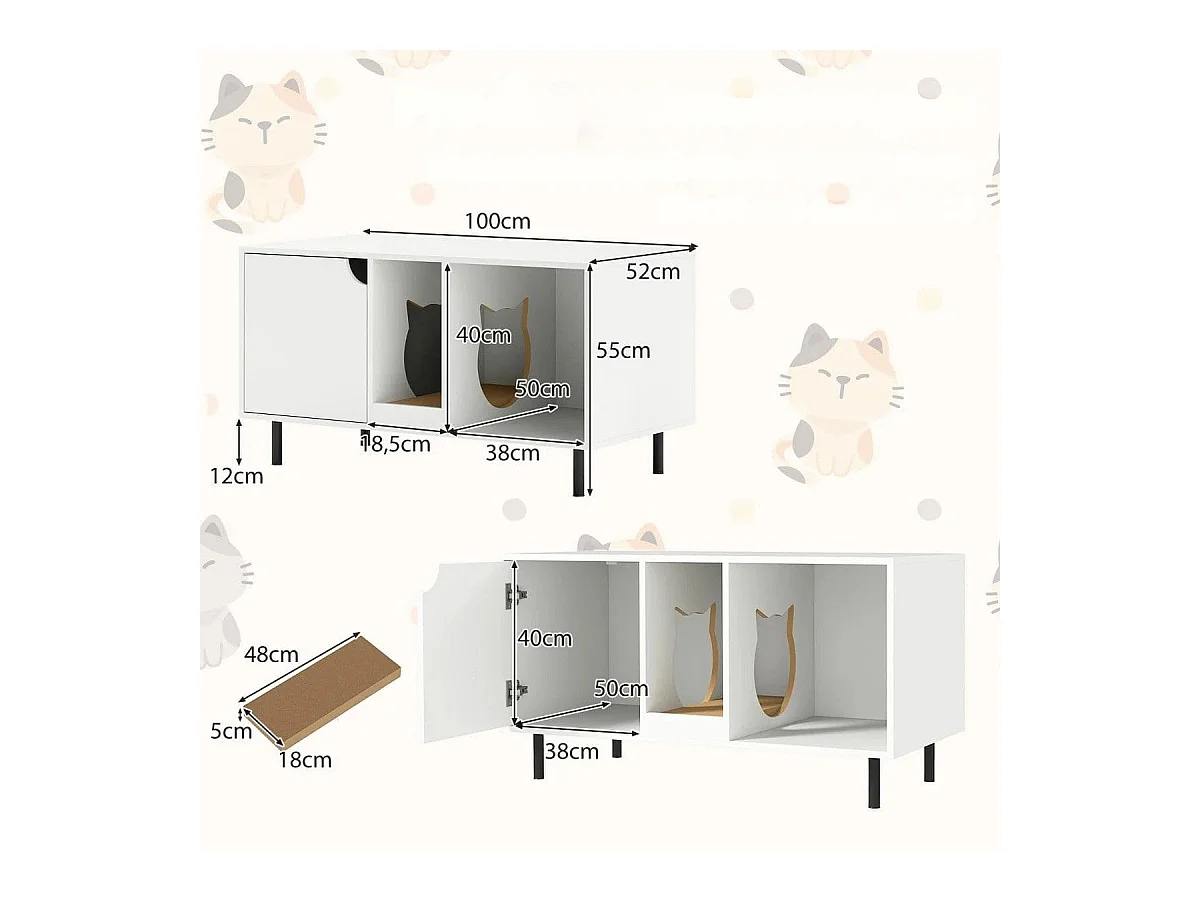 Boîte à litière Habillage pour 2 chats avec griffoir amovible Entrée en forme de chat pouvant supporter jusqu'à 120 kg