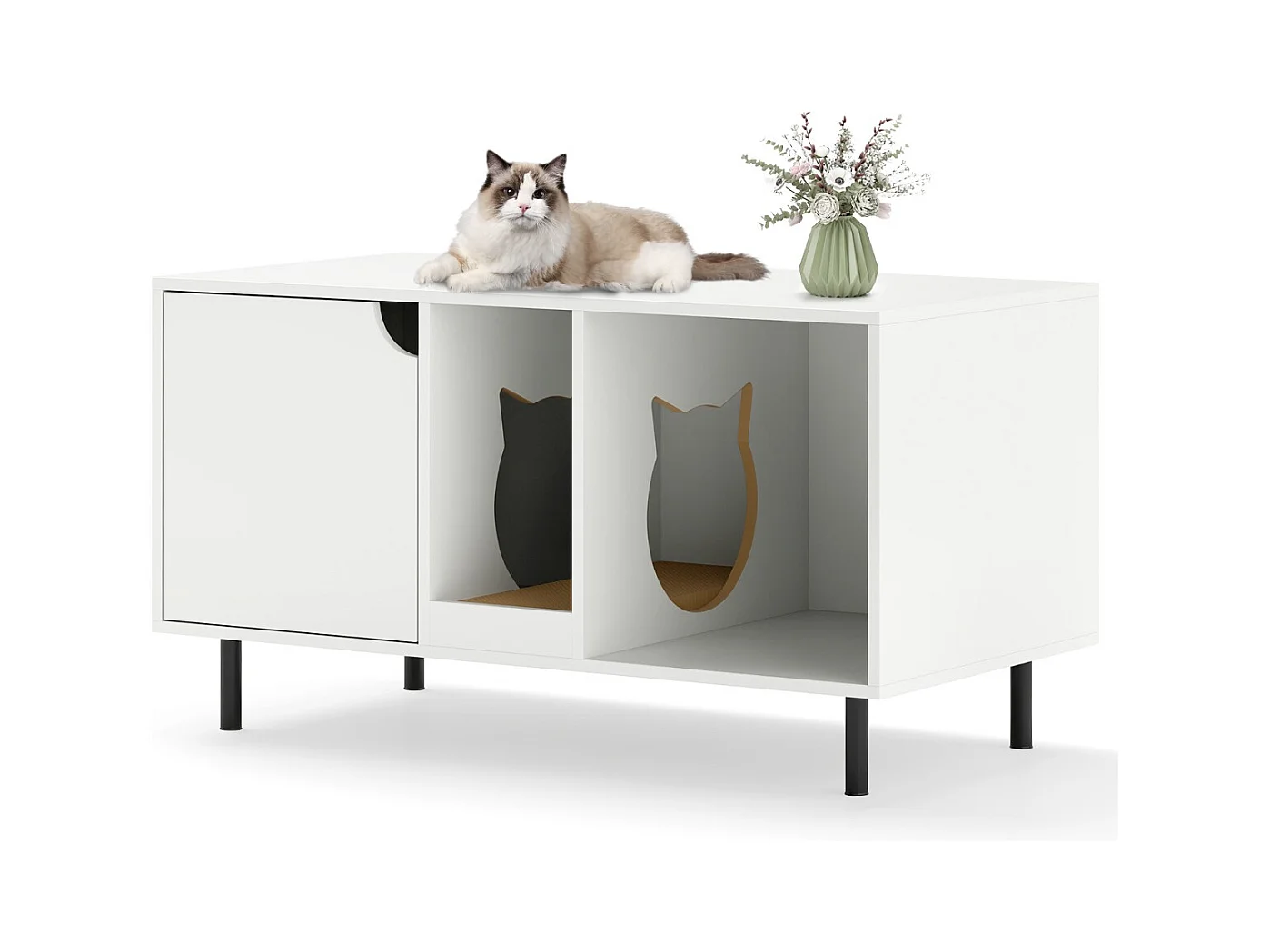 Boîte à litière Habillage pour 2 chats avec griffoir amovible Entrée en forme de chat pouvant supporter jusqu'à 120 kg