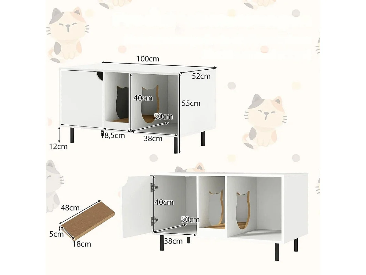 Boîte à litière Habillage pour 2 chats avec griffoir amovible Entrée en forme de chat pouvant supporter jusqu'à 120 kg