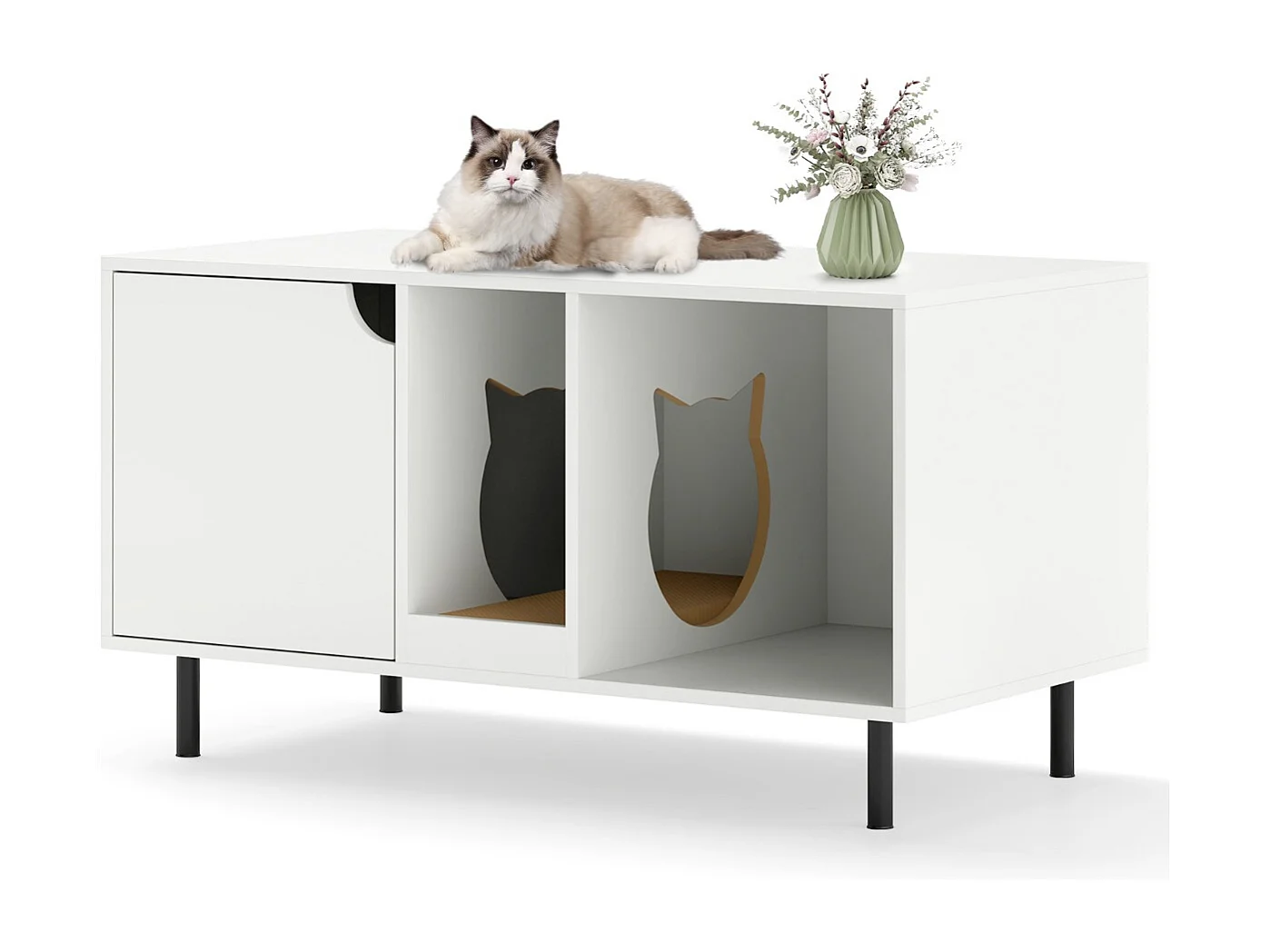 Boîte à litière Habillage pour 2 chats avec griffoir amovible Entrée en forme de chat pouvant supporter jusqu'à 120 kg