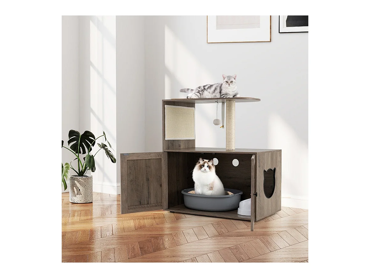 Arbre à Chat avec Compartiment pour Bac à Litière Tour à Chat en Bois de 87,5 cm de Haut avec Griffoir et Tapis en Sisal Gris