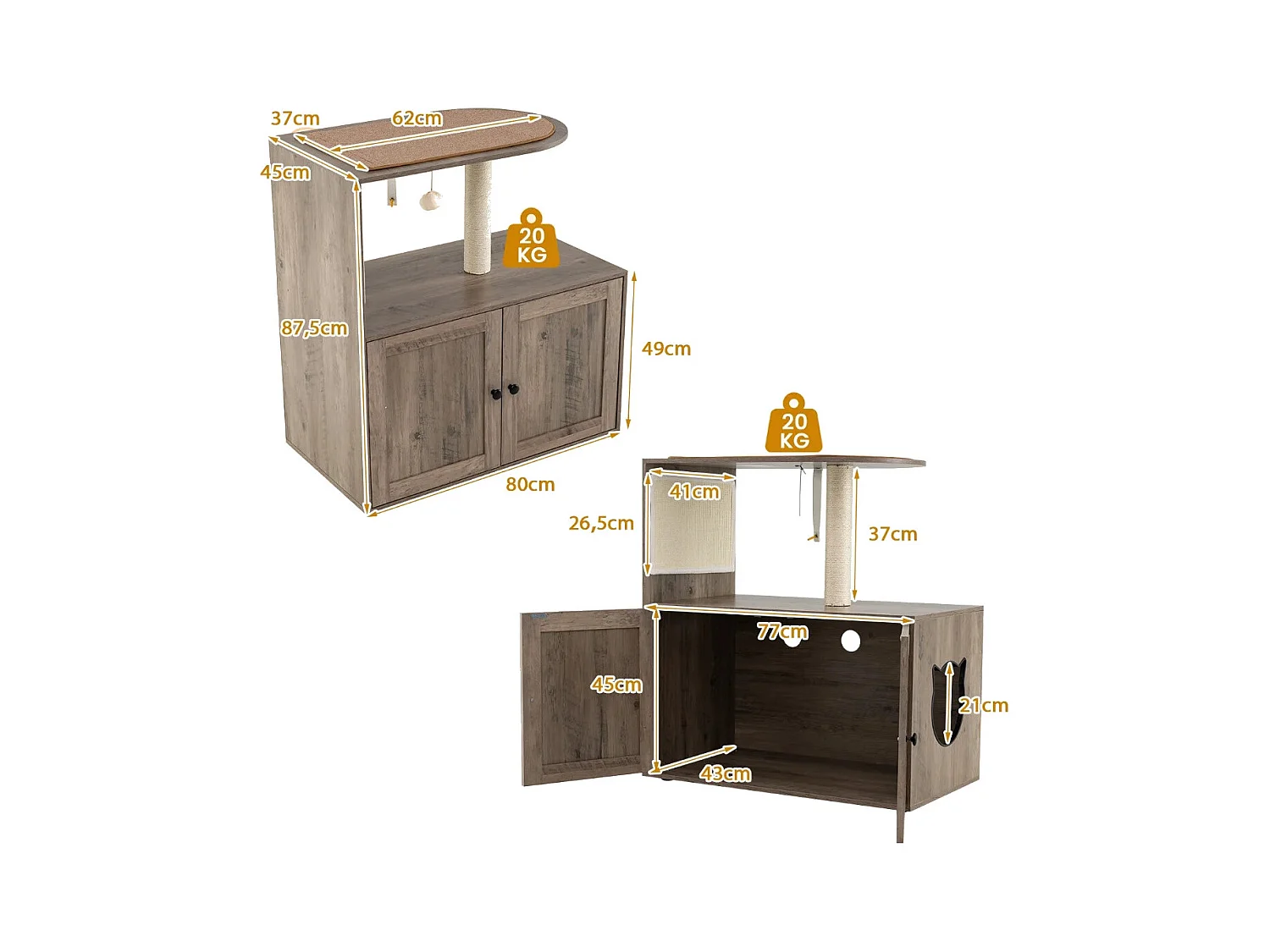 Arbre à Chat avec Compartiment pour Bac à Litière Tour à Chat en Bois de 87,5 cm de Haut avec Griffoir et Tapis en Sisal Gris