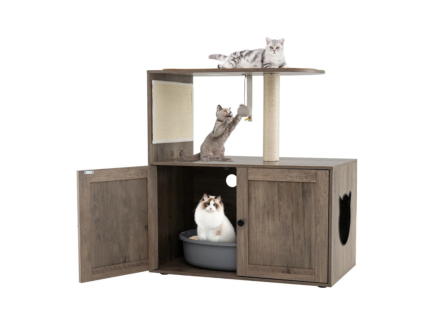 Arbre à Chat avec Compartiment pour Bac à Litière Tour à Chat en Bois de 87,5 cm de Haut avec Griffoir et Tapis en Sisal Gris