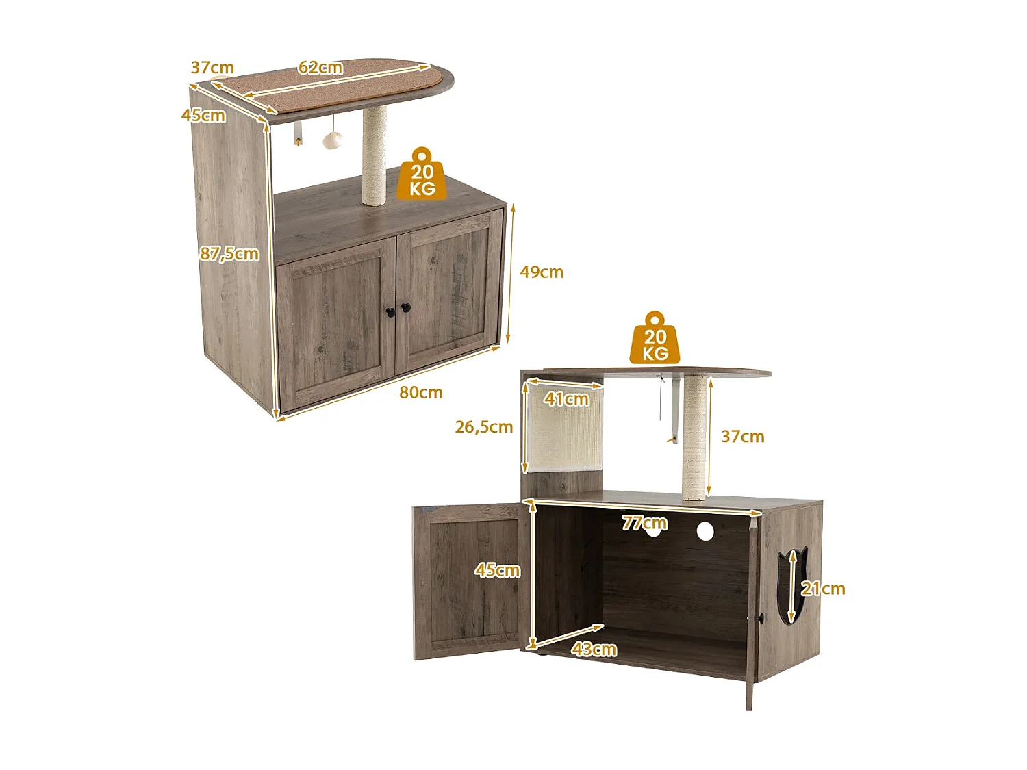 Kratzbaum mit Katzenklo Schrank Katzenschrank für Katzentoilette Katzenbaum 80 x 45 x 87,5 cm Grau