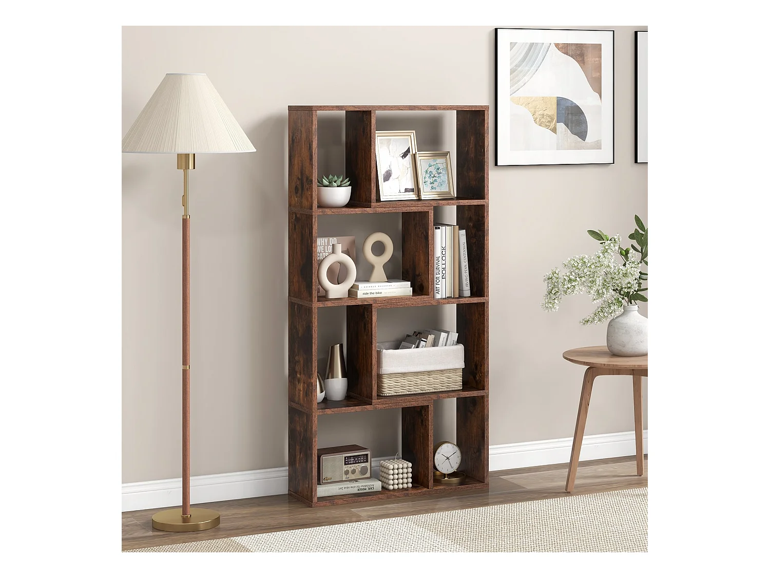 Bibliothèque Géométrique à 4 Niveaux 120 cm de Haut Etagères Ouvertes de Rangement Moderne à 8 Cases Armoire Autoportante Café