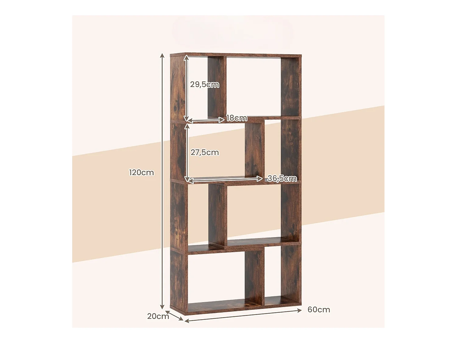 Bibliothèque Géométrique à 4 Niveaux 120 cm de Haut Etagères Ouvertes de Rangement Moderne à 8 Cases Armoire Autoportante Café