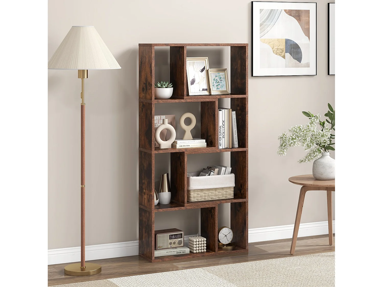 Bibliothèque Géométrique à 4 Niveaux 120 cm de Haut Etagères Ouvertes de Rangement Moderne à 8 Cases Armoire Autoportante Café