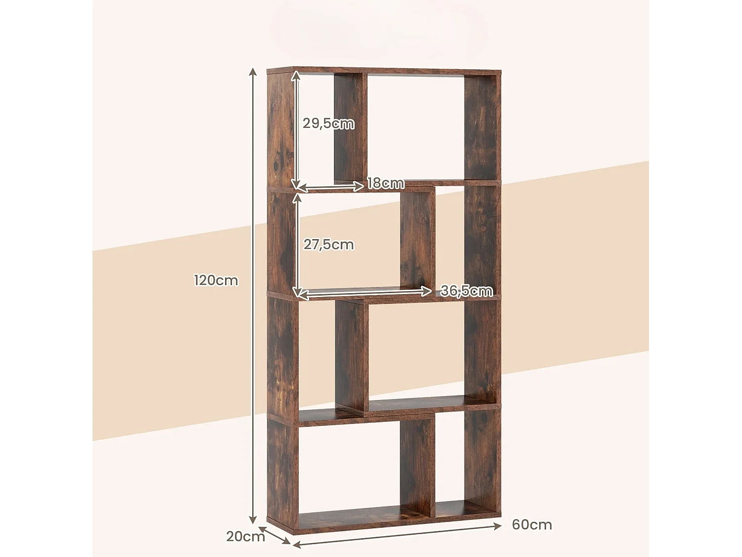 Bibliothèque Géométrique à 4 Niveaux 120 cm de Haut Etagères Ouvertes de Rangement Moderne à 8 Cases Armoire Autoportante Café