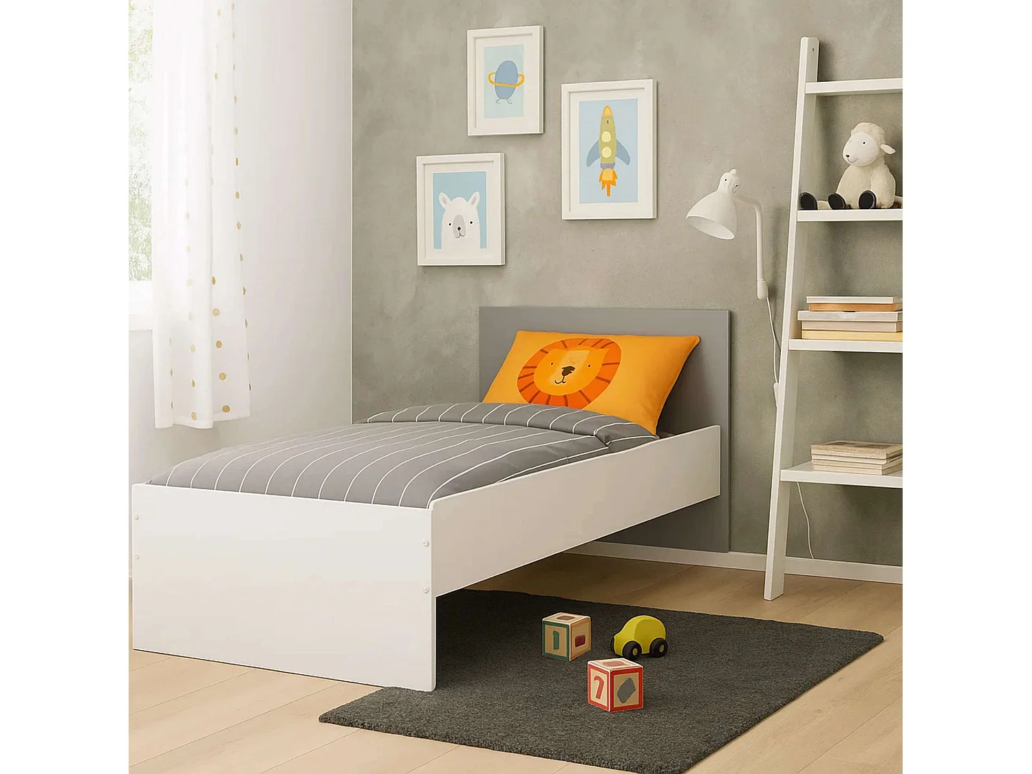 Cama 90x190 Juvenil Germain Blanco Mate y Gris con Cabecero, 120cm