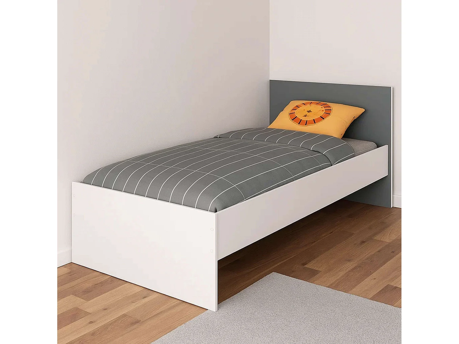 Cama 90x190 Juvenil Germain Blanco Mate y Gris con Cabecero, 120cm