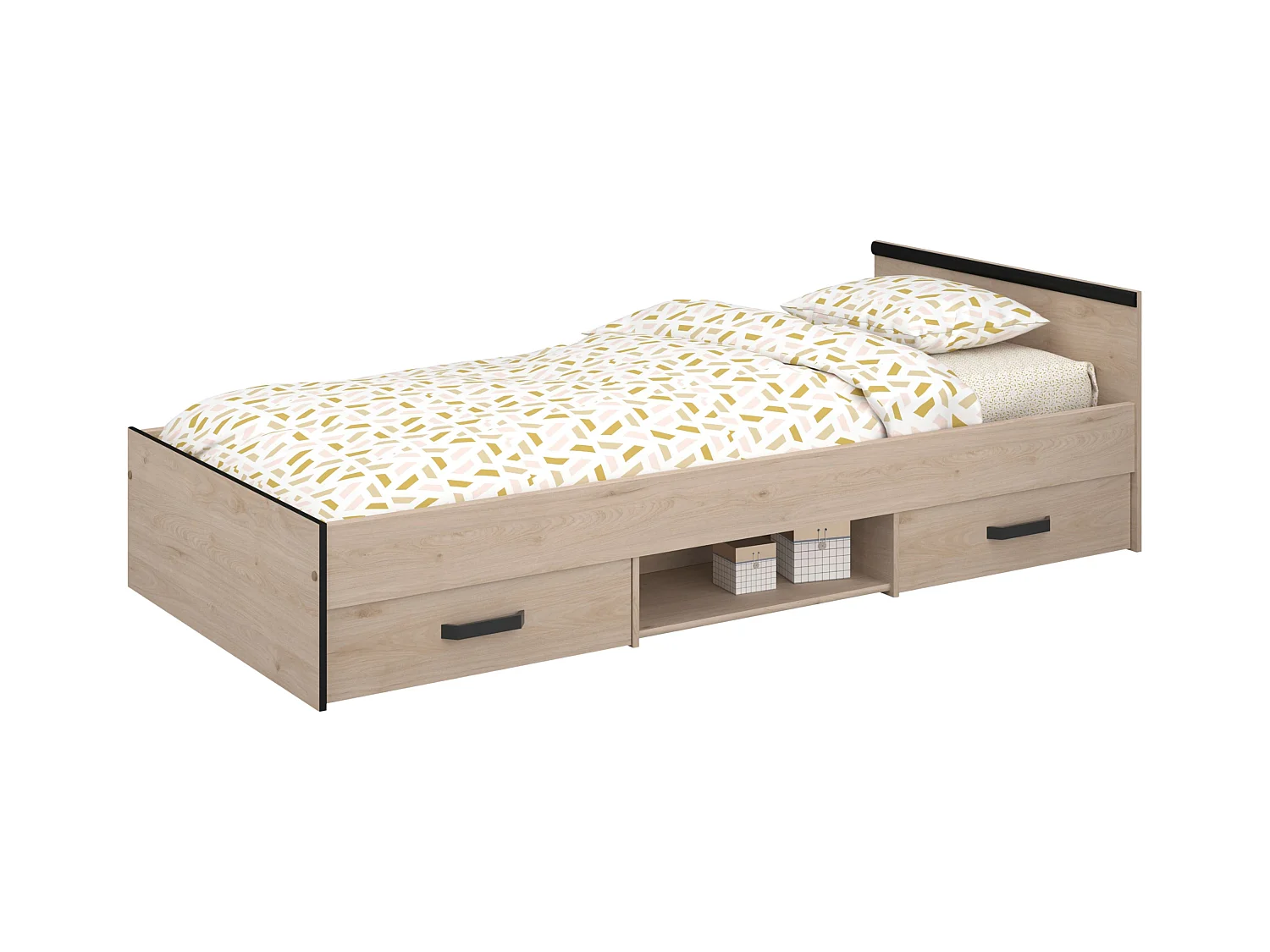 Cama Village Juvenil Roble/Negro con 2 cajones y 1 hueco 90x200 cm