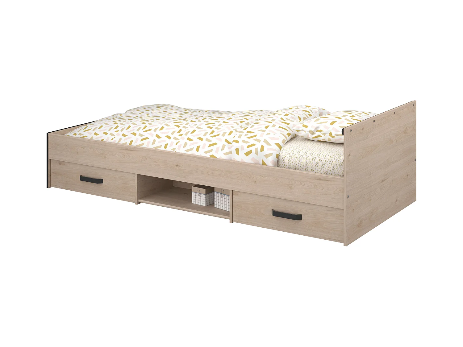 Cama Village Juvenil Roble/Negro con 2 cajones y 1 hueco 90x200 cm